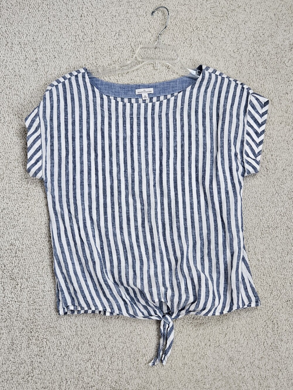 LL Bean Linen Blouse Short Sleeve Blue White Stripe Tie Front Coastal Womens M